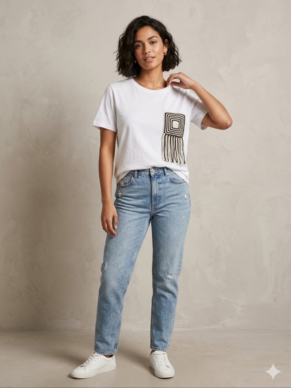 Mango Crochet Detail White Short Sleeve T-Shirt - Size L